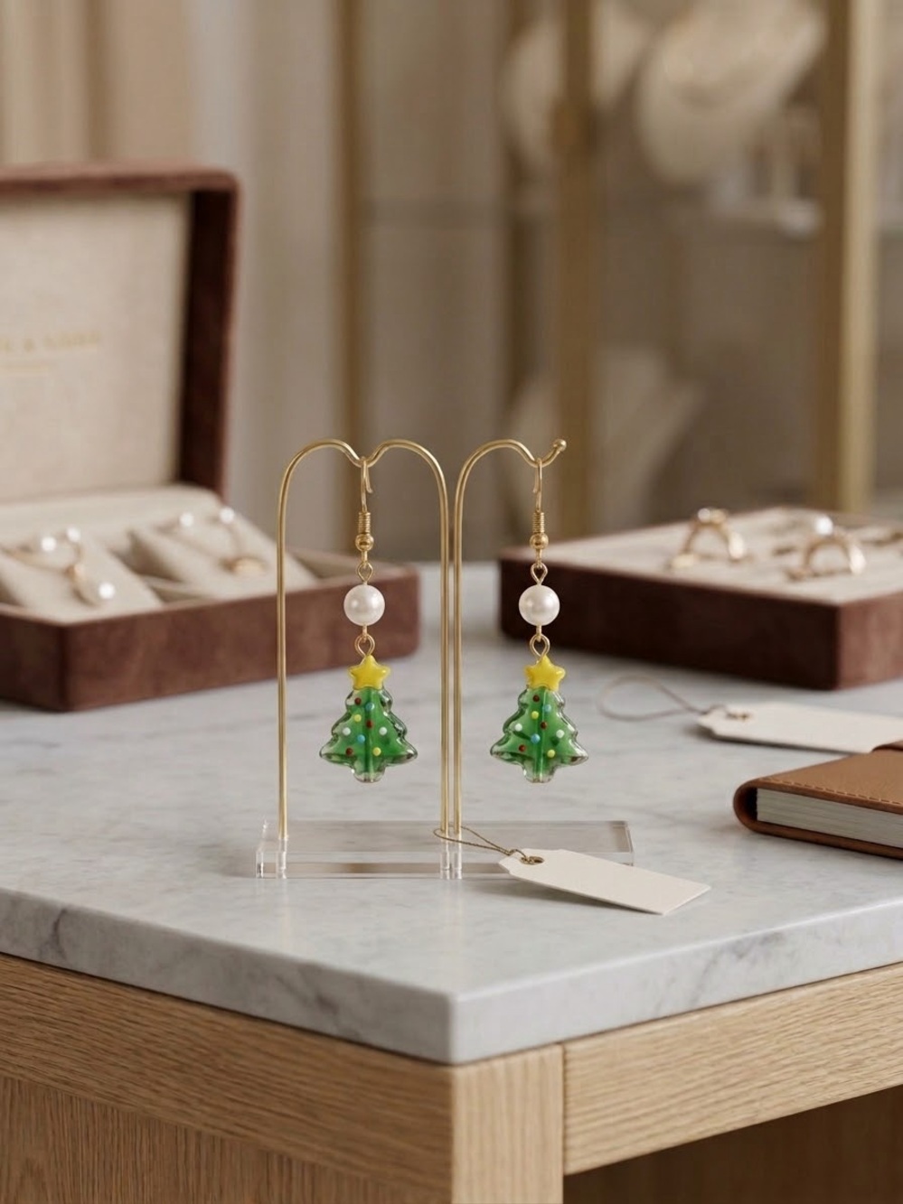 Gold-Tone Green Christmas Tree Drop Earrings with Pearl Accent